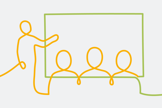 Grafische Darstellung einer Person an einer Tafel bei einer Präsentation mit drei zuschauenden Personen, Ausbildung Pflege, Duales Studium, Karriere, Albertinen Schule, Hamburg Grafische Darstellung einer Person an einer Tafel bei einer Präsentation mit drei zuschauenden Personen