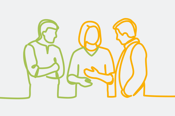 Grafische Darstellung von drei nebeneinander stehenden Personen im Gespräch, Ausbildung Pflege, Duales Studium, Karriere, Albertinen Schule, Hamburg Grafische Darstellung von drei nebeneinander stehenden Personen im Gespräch