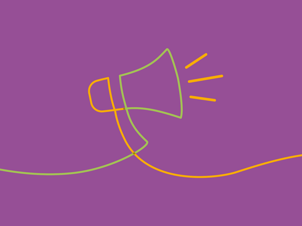 Ein als Bändergrafik gestaltetes Megafon aus orange-grünen Linien auf lilafarbenem Grund für den Ausbildungsstart für die Berufliche Pflegeausbildung | Pflegefachfrau / Pflegefachmann m/w/x in der Albertinen Schule in Hamburg